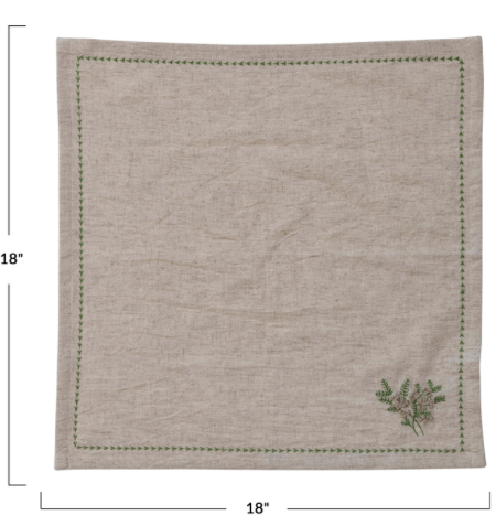 Cotton & Linen Napkins w/ Botanical, Embroidery & French Knots, Set of 4