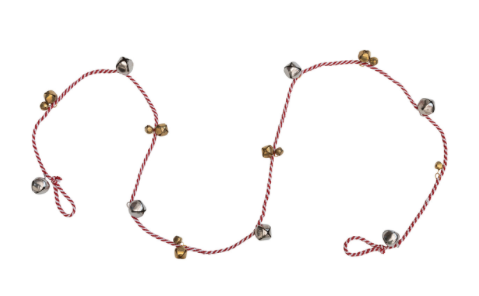 Metal Bell Garland w/ Red & White Cord, Silver & Gold
