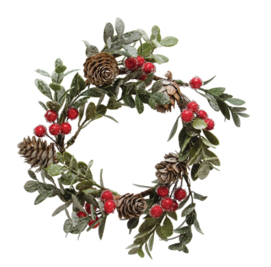 Boxwood Wreath w/ Natural Pinecones & Red Berries, Snow Finish