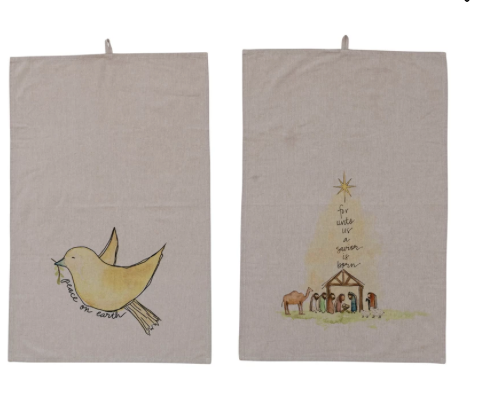 Chambray Printed Tea Towel w/ Nativity/Dove