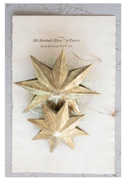 Embossed Metal Two-Sided Star Ornament, Antique Brass Finish