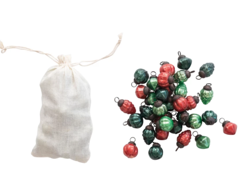 Embossed Mercury Glass Ornaments in Muslin Bag, Red and Green Colors, Set of 36