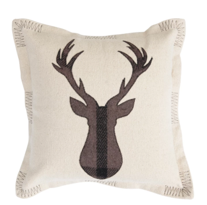 Deer & Embroidery Cotton Pillow with Flannel, Brown