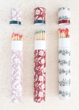 Fireplace Safety Matches in Tube Matchbox with Botanical Pattern, 3 Styles