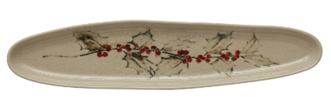Oval Debossed Stoneware Tray with Holly, Reactive Crackle Glaze