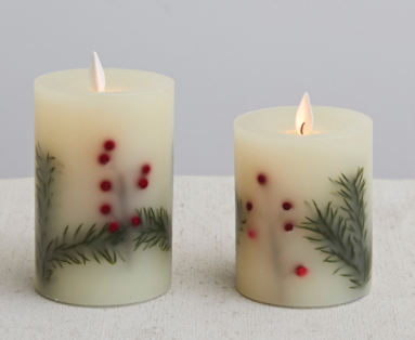 Flameless LED Wax Pillar Candle w/ Berries, Cedar Botanicals & 6 Hour Timer