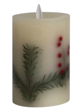 Flameless LED Wax Pillar Candle w/ Berries, Cedar Botanicals & 6 Hour Timer