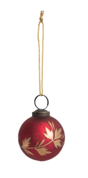 Mercury Glass Ball Ornament w/ Leaves, Burgundy & Gold Finish