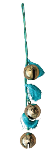 Metal Jingle Bells w/ Cotton Rope, Turquoise Color & Gold Finish