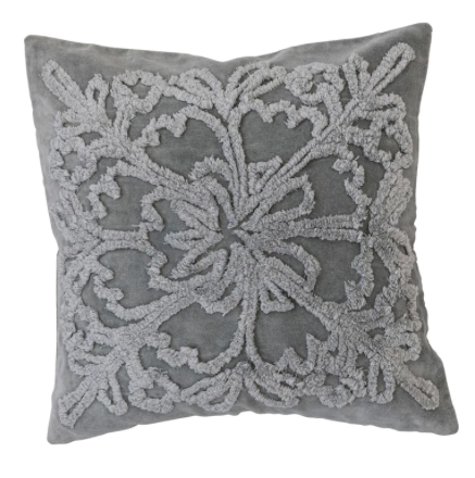 Tufted Velvet Pillow w/ Snowflake & Chambray Back, Grey & Natural