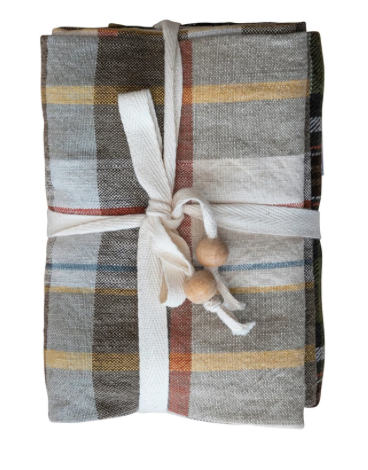 Cotton Printed Tea Towels w/ Tie w/ Wood Beads, Multi Color Plaid, Set of 3