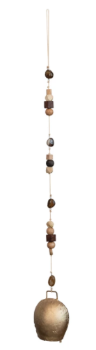 Metal Bell w/ Agate Stones & Wood Beads, Multi Color & Gold Finish