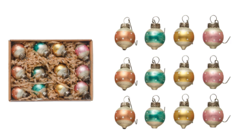 Glass Ball Ornaments w/ Stripe, Multi Color, Boxed Set of 12