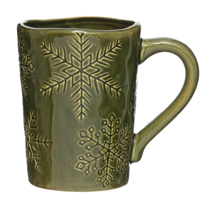 Debossed Stoneware Mug with Snowflakes, Reactive Glaze, Green