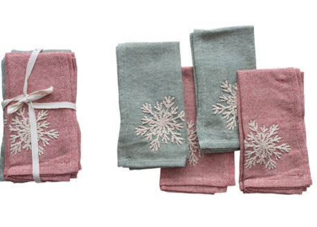 Cotton Napkins w/ Embroidered Snowflakes, Red & Green, Set of 4