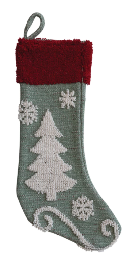 Cotton Knit Stocking w/ Chenille Tree & Snowflakes, Red, Green & Cream Color