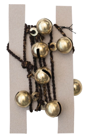 Metal Bell Garland on Colored Cotton Cord, Antique Brass Finish