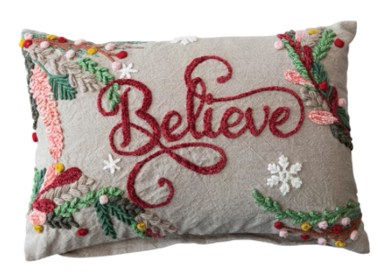 Chambray Embroidered Lumbar Pillow w/ Snowflakes & Foliage "Believe"