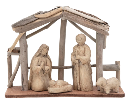 Driftwood and Paper Mache Nativity with Wood Base