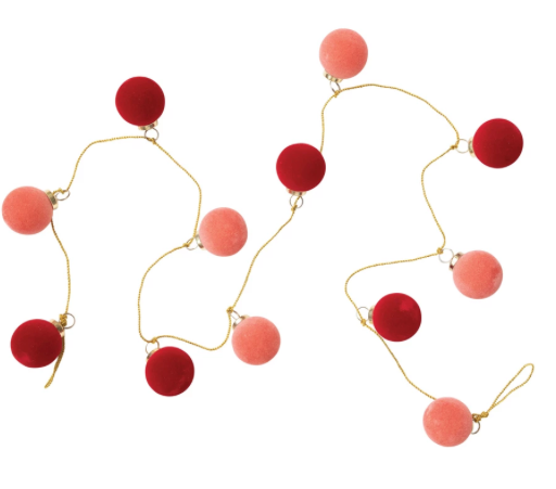 Flocked Glass Ball Ornament Garland w/ Gold Cord, Pink & Red
