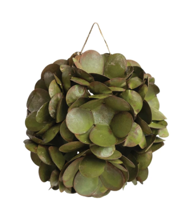 Round Metal Ball Ornament w/ Flowers, Distressed Green