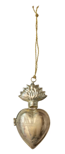 Metal Sacred Heart Locket Ornament, Antique Brass Finish