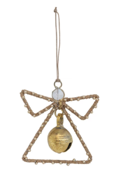 Angel Ornament w/ Bell & Acrylic Beads, Natural & Gold Finish