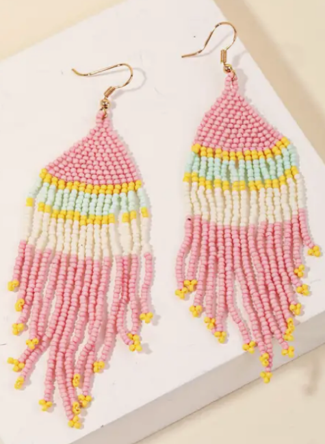 Striped Seed Beaded Fringe Earrings