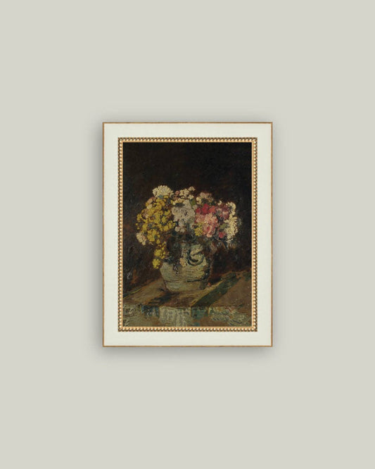 Vase of Pink & Yellow Flowers Framed Antique Art