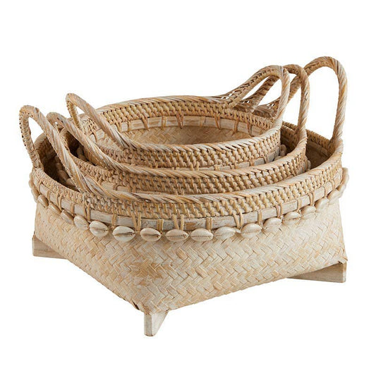 Rattan Cowrie Shell Baskets With Handles