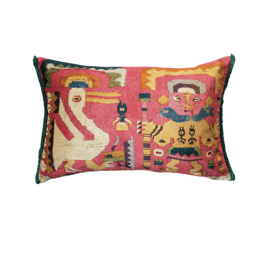 20"L x 14"H Cotton Blend Velvet Printed Lumbar Pillow w/ Fringe