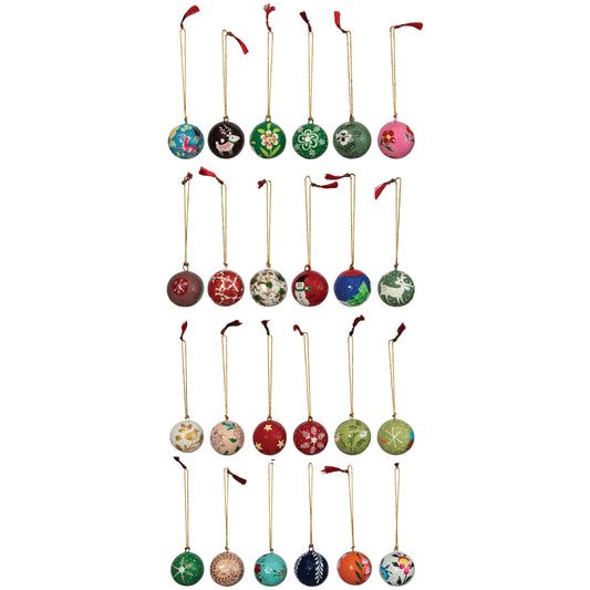 1" Round Hand-Painted Paper Mache Ball Ornaments in Egg Crate, Multi Color, Set of 24