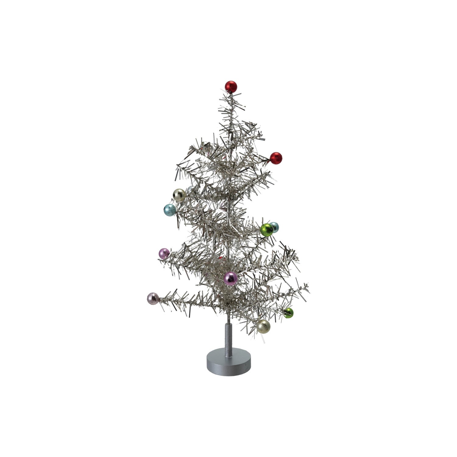 Tinsel Tree with Multi Color Ball Ornaments, Silver Finish