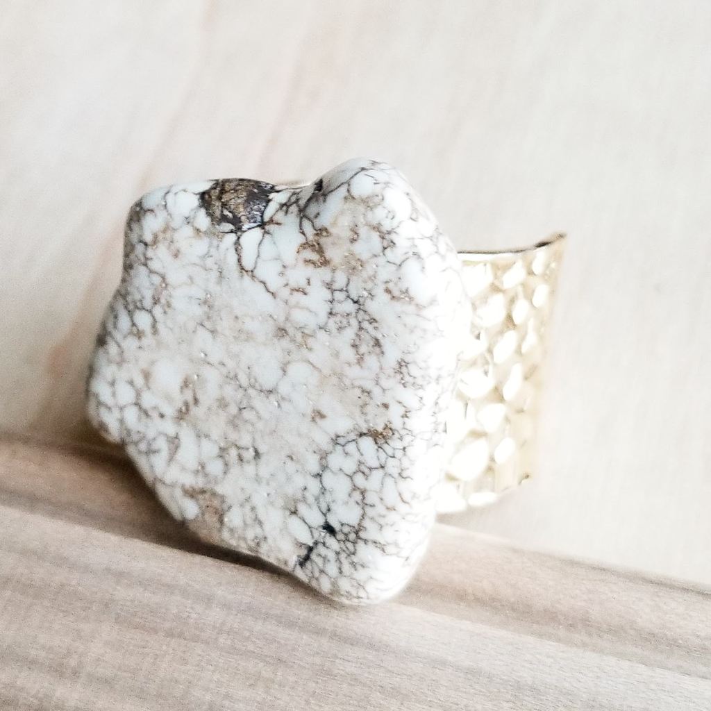 White Turquoise Slab on Hammered Gold Cuff Ring