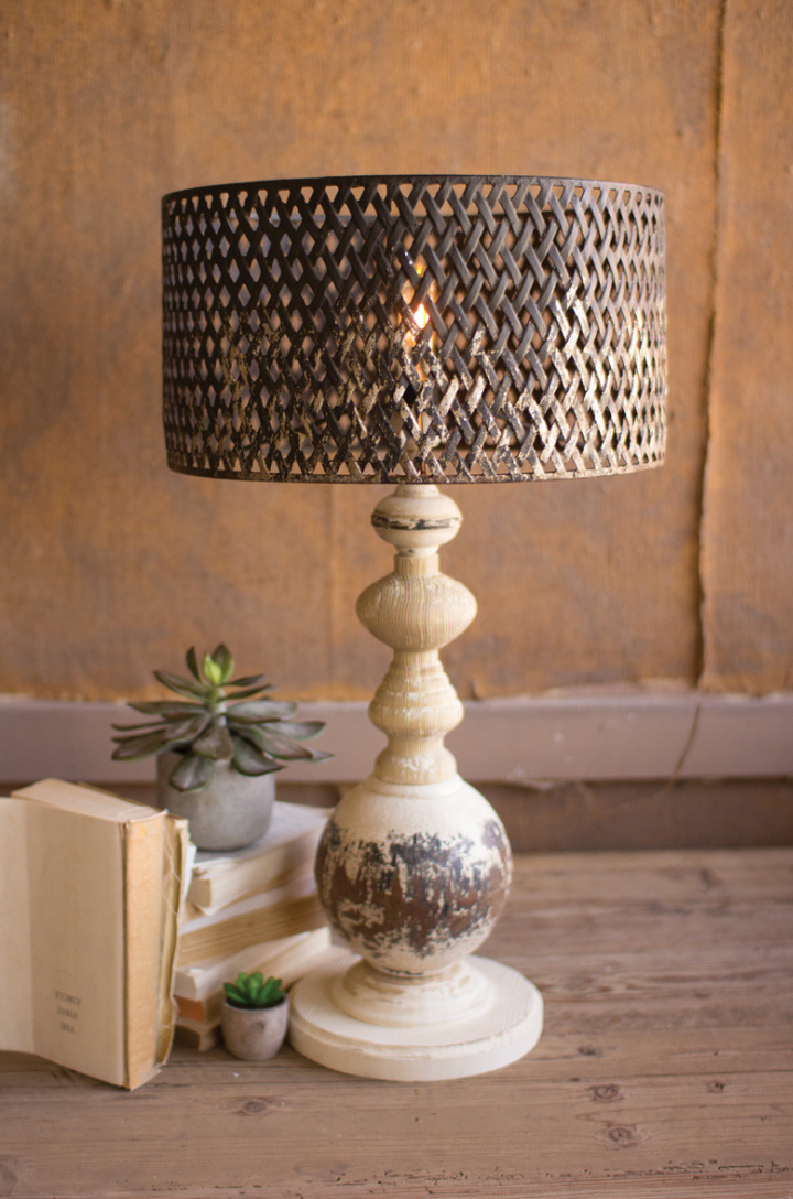 Table Lamp With Carved Wooden Base & Perforated Metal Shade