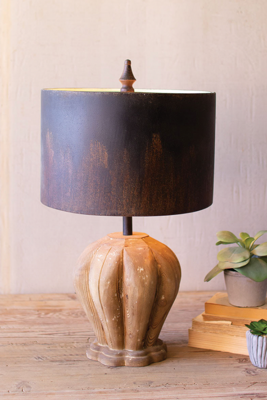 Table Lamp With Natural Wooden Base & Dark Metal Barrel Shade