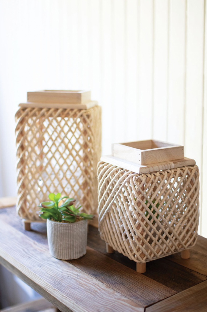 Woven Rope & Wood Lanterns With Glass Insert