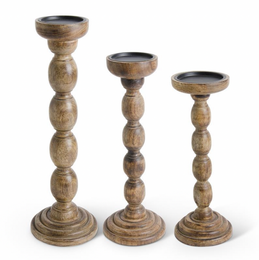 Brown Wood Spindle Candleholders