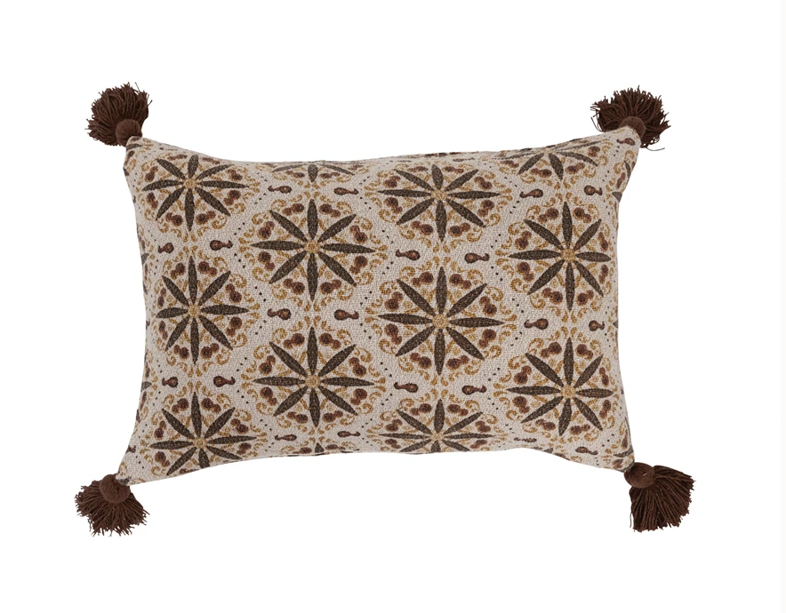Recycled Cotton Blend Lumbar Pillow with Floral Medallion Print and Tassels