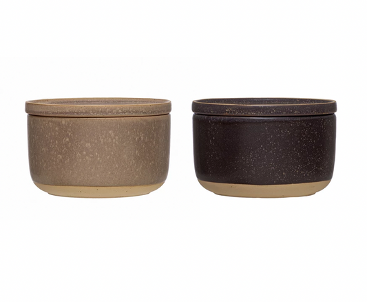 Stoneware Bowl with Lid & Reactive Glaze
