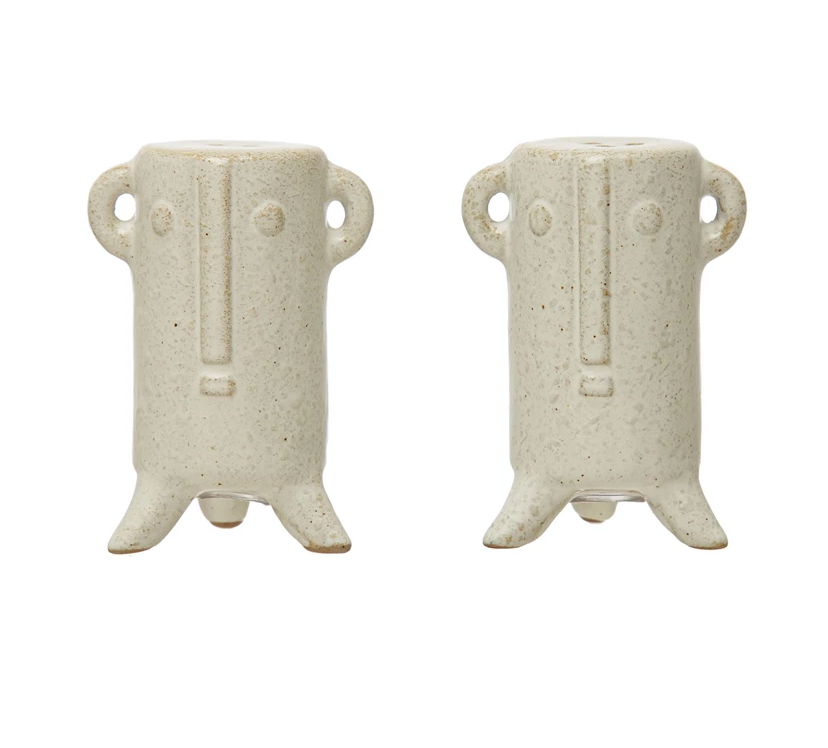 Stoneware Salt and Pepper Shakers with Face & Reactive Glaze