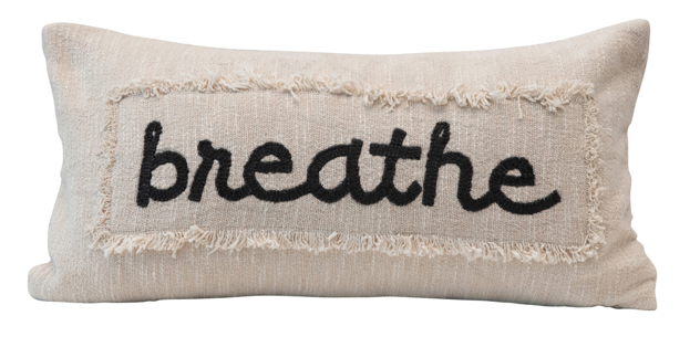 Breathe Embroidered Pillow with Eyelash Fringe