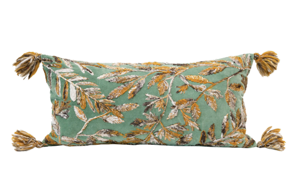 Lumbar Pillow with Embroidered Leaves and Tassels