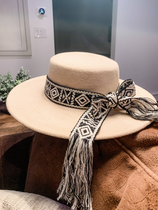 Rancher Wide Brim Hat, Woven + Fringed Aztec Boho Hat Band
