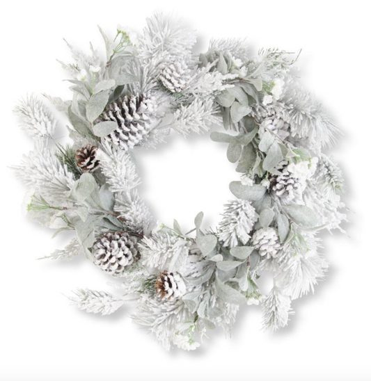 Glittered Flocked Pine Wreath w/Lambs Ear