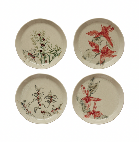 Debossed Stoneware Holly & Poinsettia Plate