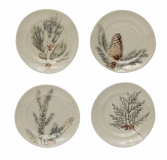 Debossed Stoneware Plate with Evergreen Botanicals