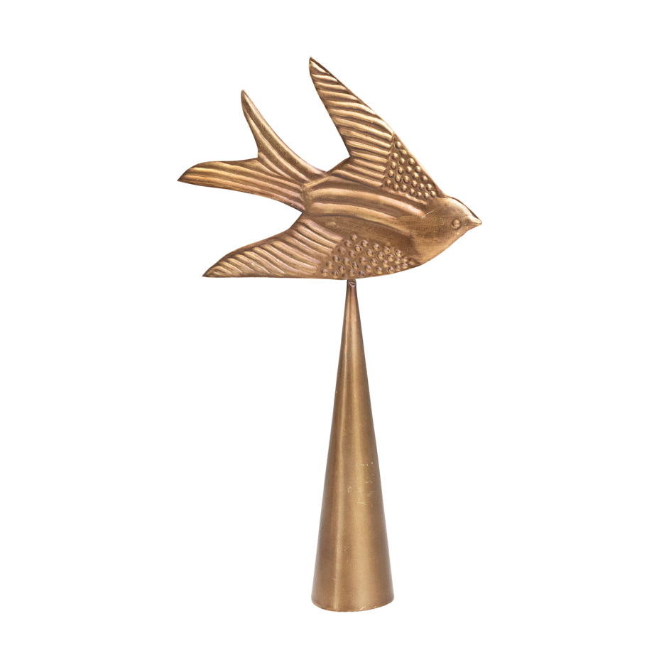 Metal Cone Tree Topper with Bird Milagro, Antique Brass Finish