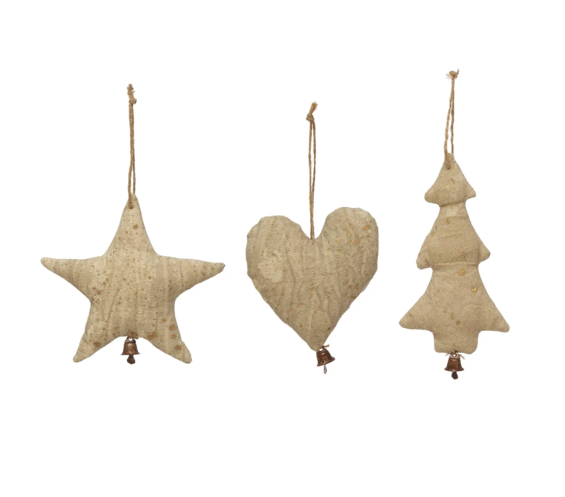 Antiqued Canvas Ornament with Gold Dots and Bell