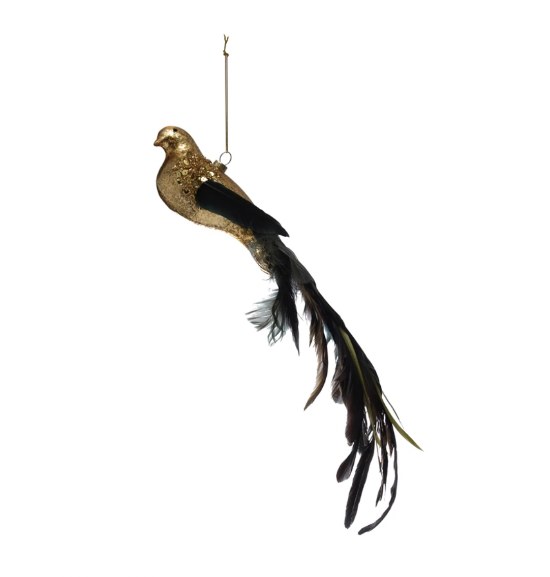 Mercury Glass Bird Ornament with Feather Tail and Glitter